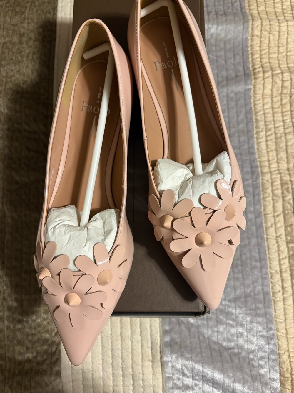 Paolo Pale Pink Pointed-Toe Flats with 3D Floral Accents